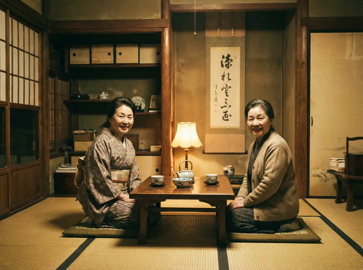 两位优雅的 i米体育 在日式茶室中品茶交谈